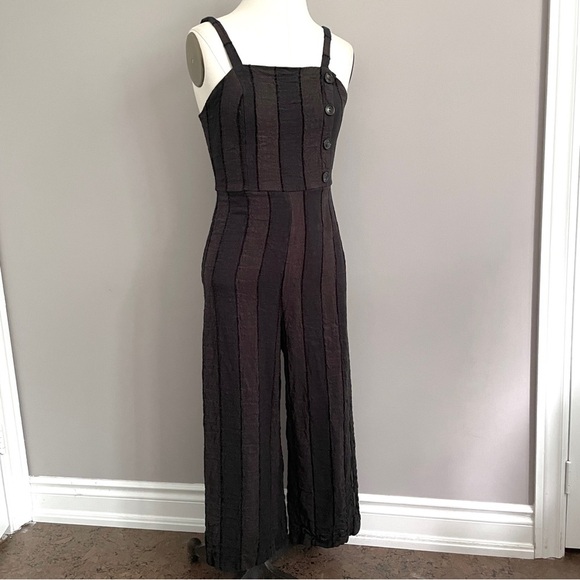 URBAN Romantics Pants - Black Striped Linen Cotton Cropped Wide Straight Leg Dungarees / Overalls - S